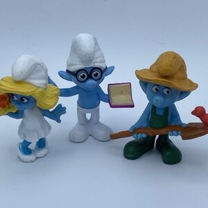 Smurfette, Brainy, and Farmer Smurf Lot - McDonalds Happy Meal Toy 2011 2013 PVC
